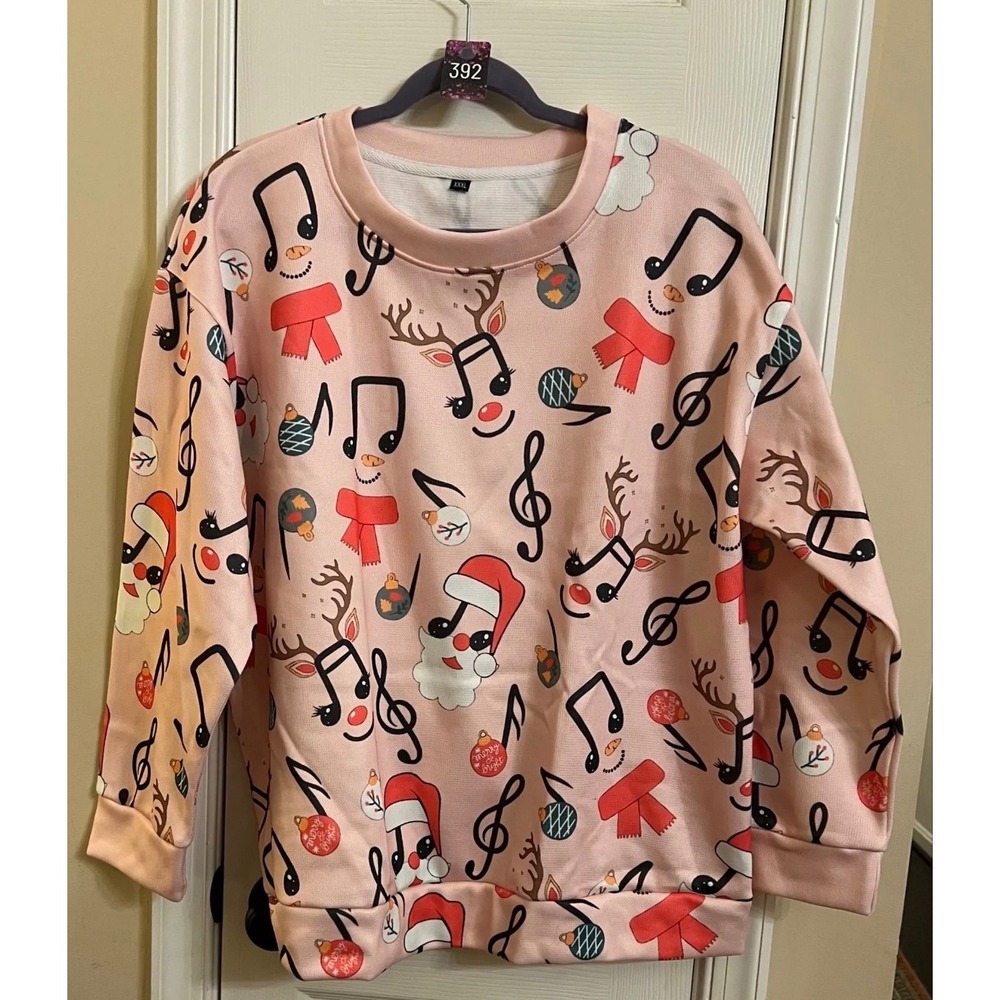 Christmas Musical Note Pink Sweatshirt Santa Reindeer Holiday Pullover XXXL